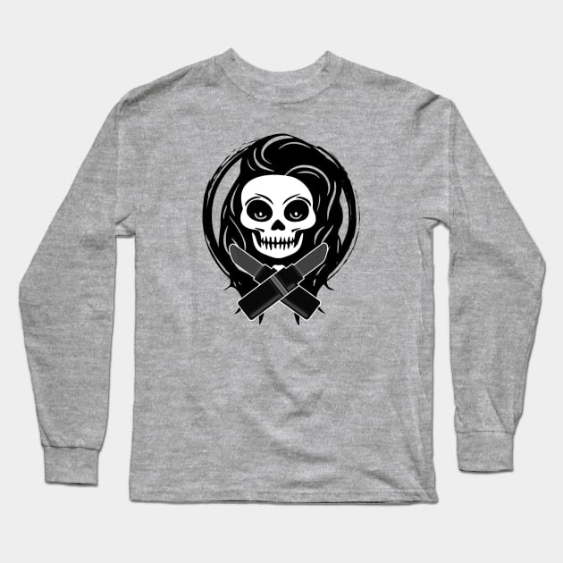 Beautician Skull and Crossed Lipsticks Black Logo Long Sleeve T-Shirt by Nuletto